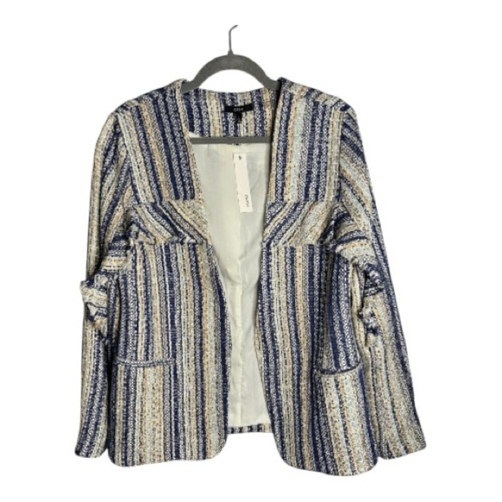 Drew Blue Tan Tweed Open Blazer Ruffle Detail Large